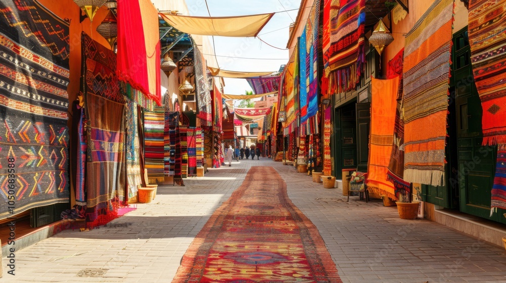 Aufkleber a vibrant view of the historic architecture and lively markets of marrakech with colorful textiles a