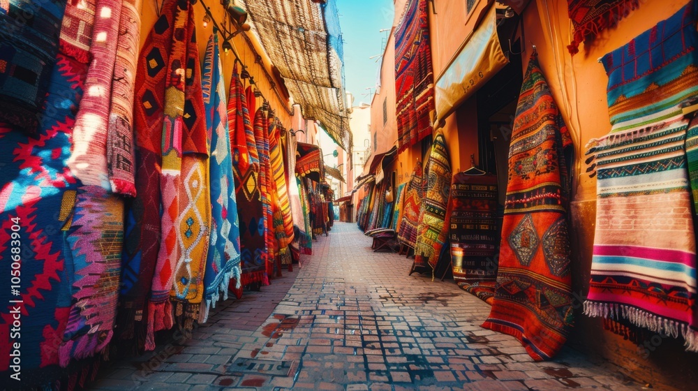Aufkleber a vibrant view of the historic architecture and lively markets of marrakech with colorful textiles a