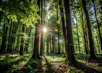 Obraz premium Panoramic View of Lush Green Forest with Sunlight Filtering Through Tall Trees - Nature Photography