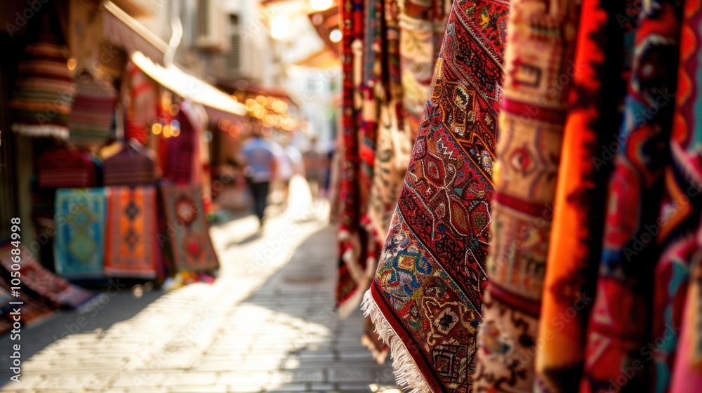 Aufkleber A vibrant view of the traditional markets and historic architecture of Istanbul with colorful textiles and bustling crowds, urban setting with warm reds and rich patterns, Istanbul style