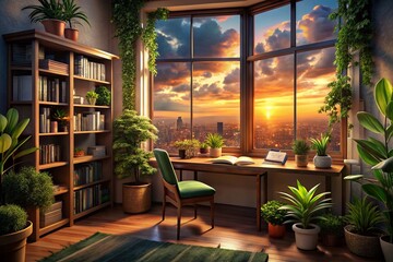 Fototapeta premium Peaceful Reading Corner with Sunset View Over City Skyline - Night Photography