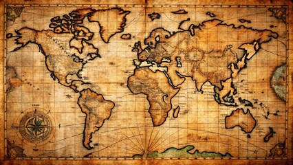 Fototapeta premium Antique-style old map paper with faded edges, intricate cartographic details, and vintage illustrations, creating a sense of exploration and history, perfect for travel-themed designs, decor.