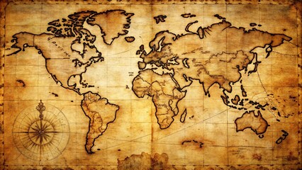 Antique-style old map paper with faded edges, intricate cartographic details, and vintage illustrations, creating a sense of exploration and history, perfect for travel-themed designs, decor.