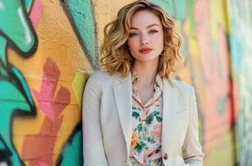 Naklejka premium A stylish woman in business attire stands confidently against an urban graffiti wall, her hair styled with natural curls and waves that frame her face, complementing her vibrant outfit of pastel color