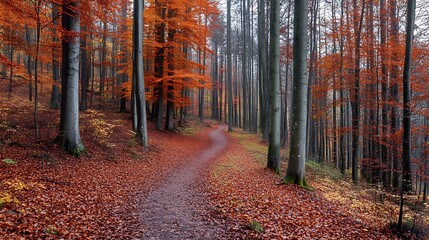 Obraz premium A tranquil autumn forest with a soft carpet of fallen leaves, tall trees with vibrant orange and red foliage, and a narrow path leading deeper into the woods