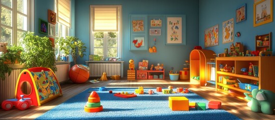 A sunny, well-lit room with a blue carpet and colorful toys scattered throughout. The room is decorated with framed pictures on the walls and a small, wooden play kitchen in the corner. 