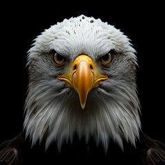Obraz premium Close-up of a bald eagle's face with a white head, sharp yellow beak, and intense eyes, set against a dark background.