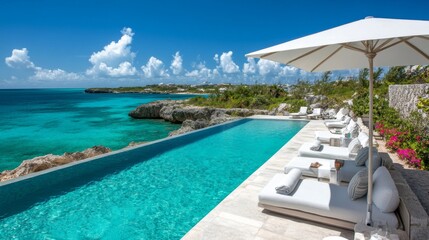 Fototapeta premium Infinity Pool Overlooking Turquoise Ocean with Loungers
