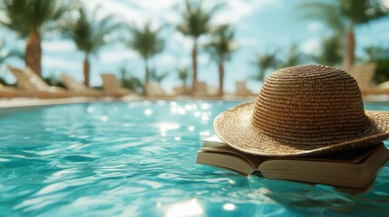 Straw Hat and Book Floating in a Swimming Pool