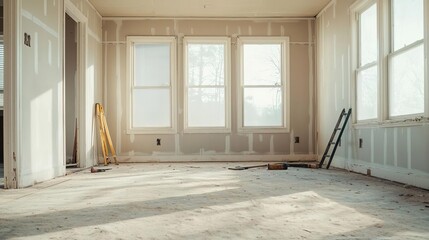 Old house interior covered in layers of dust, with renovation tools scattered around, signaling a rebirth in process house  dust  renovation, beginning anew