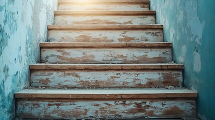 Old wooden staircase filled with dust, partially torn apart for renovation, sun rays highlighting the particles in the air house  dust  renovation, transforming the past