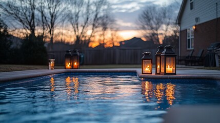 Lit Lanterns by a Pool at Sunset