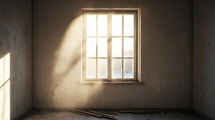 Fototapeta premium Sunlight piercing through a dusty, broken window in an abandoned house, as renovation tools lie ready for the work ahead house dust renovation, renewing hope