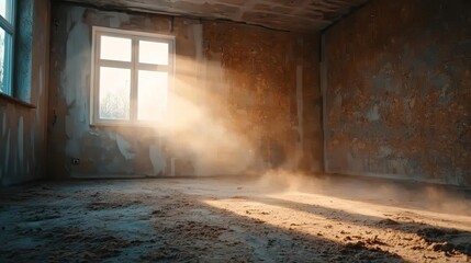 Obraz premium Renovation workers clearing a dusty, decaying room, sunlight illuminating the particles in the air, a scene of transformation in progress house dust renovation, revival of space