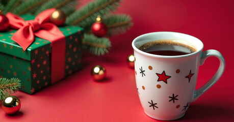 Obraz premium Christmas coffee and gift on red background