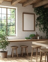 Fototapeta premium Mock up poster frame in kitchen interior, Scandinavian style, 3d render, Generative AI