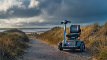 Mobility Scooter on Beach Path with Cloudy Sky