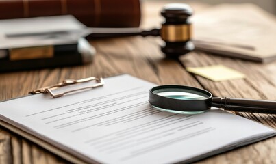 Detailed preparation for personal injury claims with notepad, pen, magnifying glass, and sticky note on a wooden desk highlighting legal documentation, Generative AI