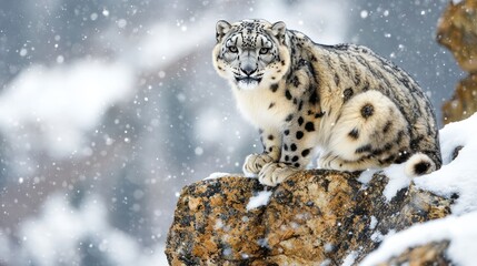 Obraz premium Snow Leopard Perched on Rocky Ledge in Himalayas
