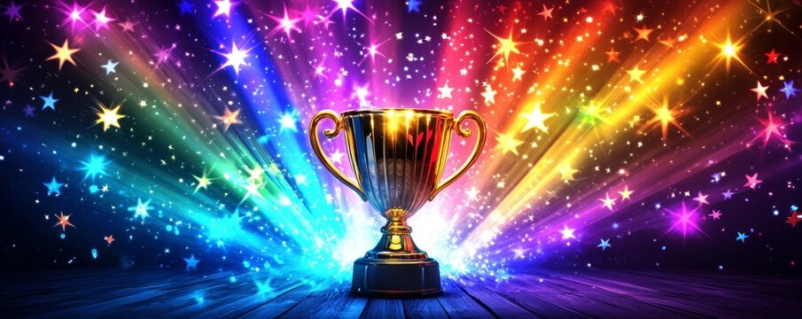 A shining trophy cup overflows with colorful beams and stars, highlighting the text AND THE WINNER IS, signifying celebration and announcement of a, Generative AI