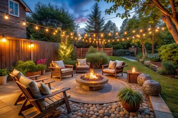 Obraz premium A backyard with a fire pit and a patio with several chairs and a dining table