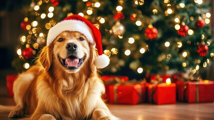 Cozy Golden Retriever in Santa Hat with Christmas Tree