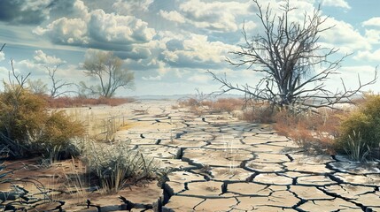 A cracked surface of land with dead trees and bushes , realistic image, disaster recovery, recovery