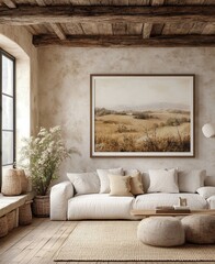 Fototapeta premium Mockup frame in farmhouse living room interior, 3d render, Generative AI