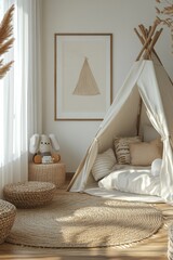 Mock up frame close up in children room with natural wooden furniture, 3D render, Generative AI