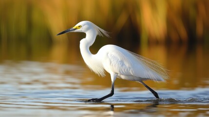 Fototapeta premium Snowy Egret Wading Gracefully Through a Marsh