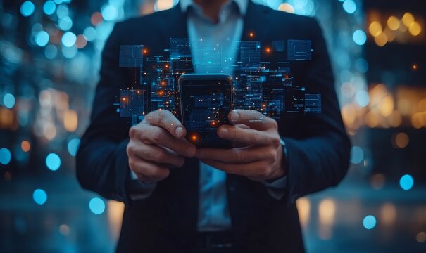 Businessman Using Smartphone For Digital Marketing And Customer Lead Generation Through Advanced Media Technology Graphic Concept In Modern Business, Generative AI