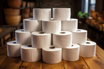 a stack of toilet paper on a wooden table with a wooden floor