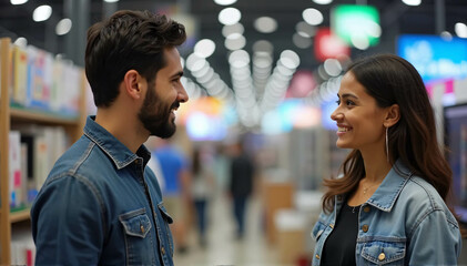 A salesperson from a retail home electronics store is advising a young, multiethnic customer. A stylish man is considering purchasing a smartphone. Customer Purchasing a New Cell Phone at a Contempora