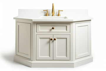 Photo of a white corner vanity and antique brass faucet on a white background.
