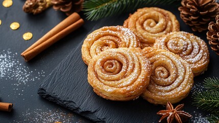 Crispy palmier cookies with a cinnamon sugar crust, isolated on a dark slate surface, garnished with cinnamon sticks, powdered sugar, and gold accents