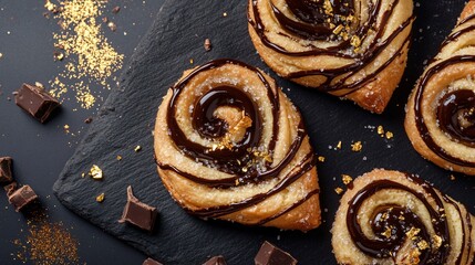Fototapeta premium Crispy palmier cookies with a light sugar glaze, placed on a dark slate background, with chocolate drizzle and delicate gold leaf accents