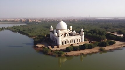 Naklejka premium Drone-view of a historic from 700 years ago, showcasing intricate Islamic architecture with large arched windows, white walls with gold detailing, a grand dome, and multiple minarets