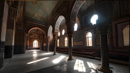 Fototapeta premium A mosque that has been in use for 700 years, featuring intricate Islamic architecture, a large arched window that overlooks the Nile River and lush greenery