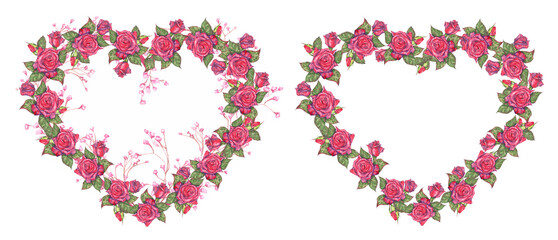 Collection of festive floral illustrations, hand-drawn in watercolor. Watercolor illustrations of a heart made of red roses. For Valentine's Day, wedding, birthday and any decoration ideas.