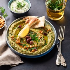 vegan Lebanese mezze meal, AI generated