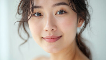 A captivating close-up portrait of an Asian woman showcases her radiant beauty and confidence.