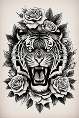 Obraz premium Fierce Elegance Tiger and Roses Tatto Art