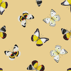 Watercolor illustration Beige and brown butterflies. Seamless pattern For fabric, textiles, wallpaper, prints, scrap paper
