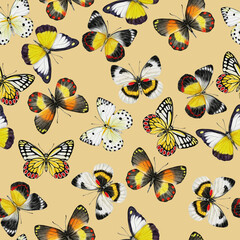 Watercolor illustration Beige and brown butterflies. Seamless pattern For fabric, textiles, wallpaper, prints, scrap paper