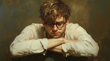 Obraz premium A Portrait of a Man with a Pensive Expression and Glasses