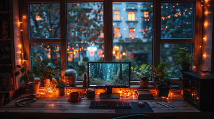 Obraz premium A cozy and comfortable developer's desk, a computer with monitor, warm coffee, comfortable chairs, and props that warm your heart.