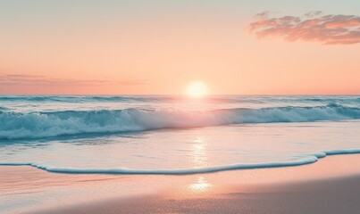 Fototapeta premium Tranquil Beach Sunset with Gentle Waves and Soft Peach Sky for Relaxation and Meditation Concepts, Generative AI