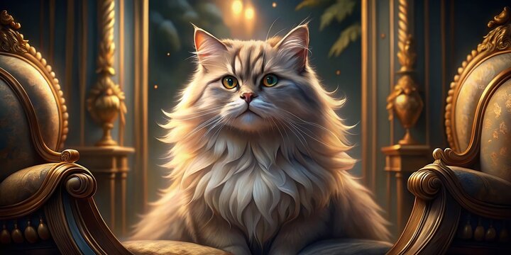 Retrato de un gato persa en butaca se&ntilde;orial con poca luz, arte felino, fotograf&iacute;a de mascotas