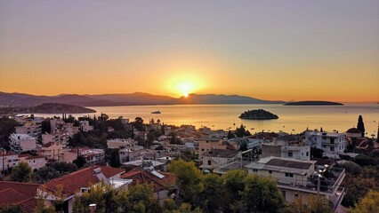 Tolo, Greece. Sunrise and beautyful view from hotel room.