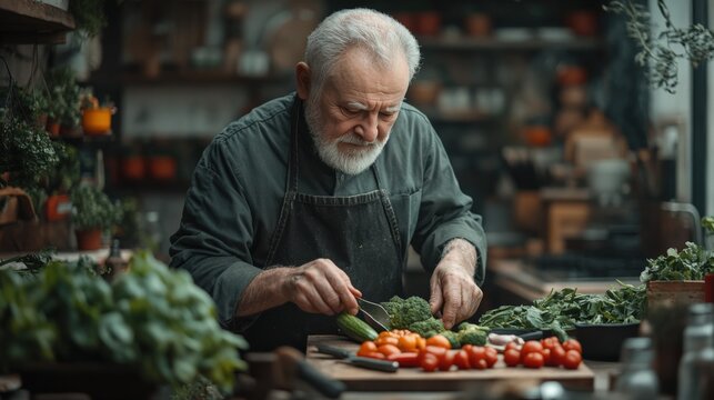 Senior Man Preparing Fresh Vegetables in a Rustic Kitchen